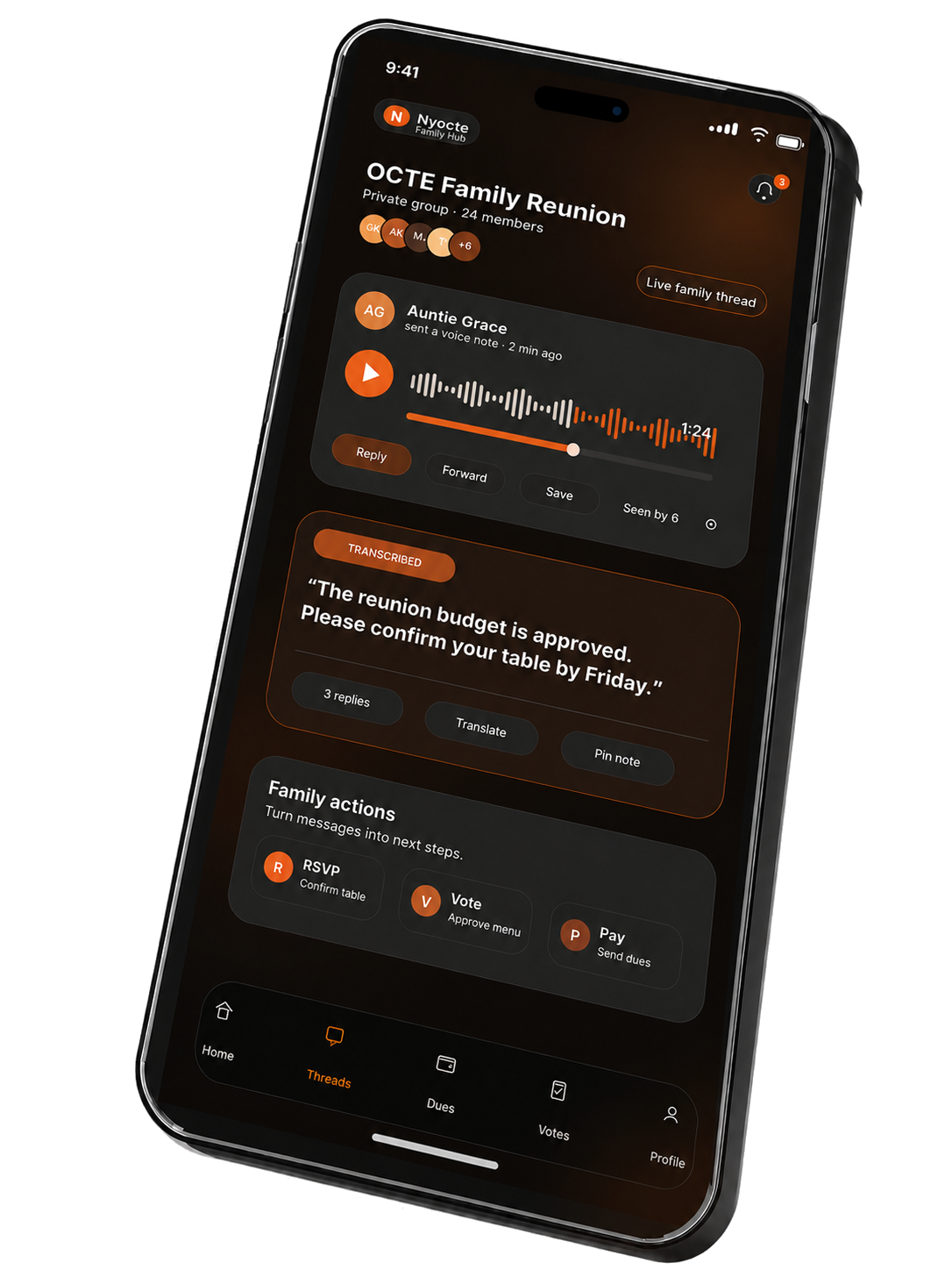 Nyocte Family Reunion chat — Auntie Grace voice note about budget approval, with inline RSVP, Vote, Pay actions