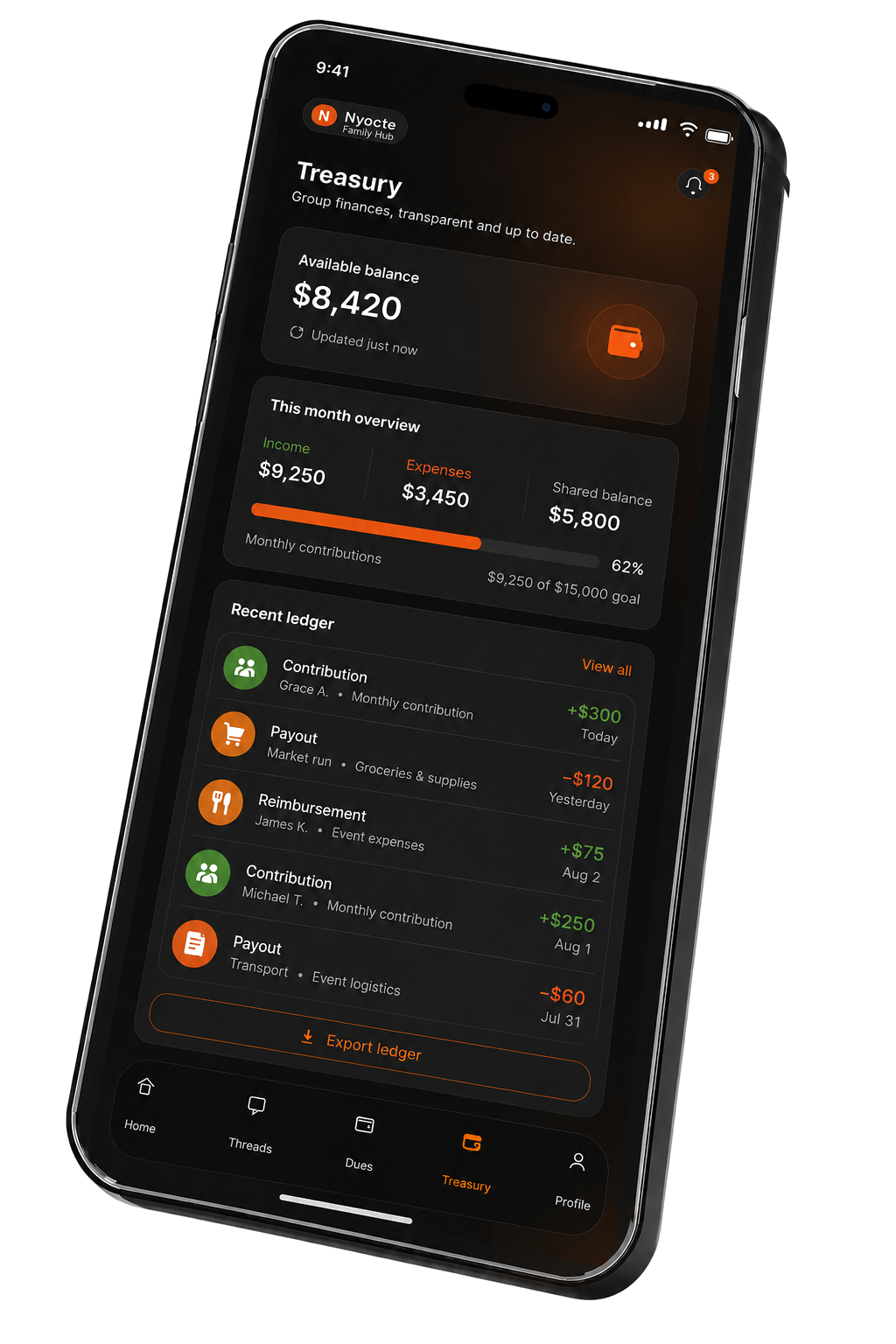 Nyocte Treasury — Available balance $8,420, monthly overview, recent transactions